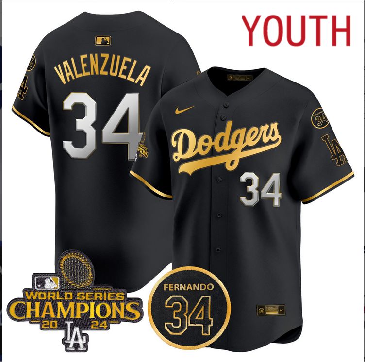 Youth MLB Los Angeles Dodgers #34 Valenzuela black 2024 World Series Champions Patch Limited Jersey->youth mlb jersey->Youth Jersey